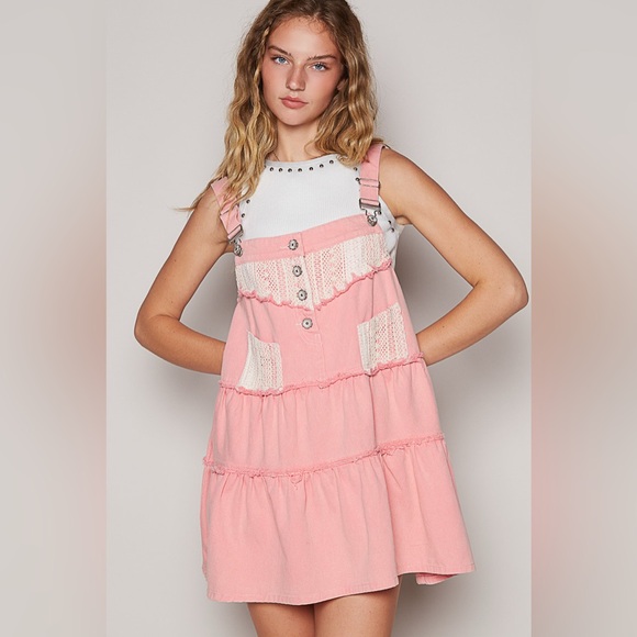 POL Dresses & Skirts - POL Lace Patchwork Detail Denim Overall Dress 10010062758